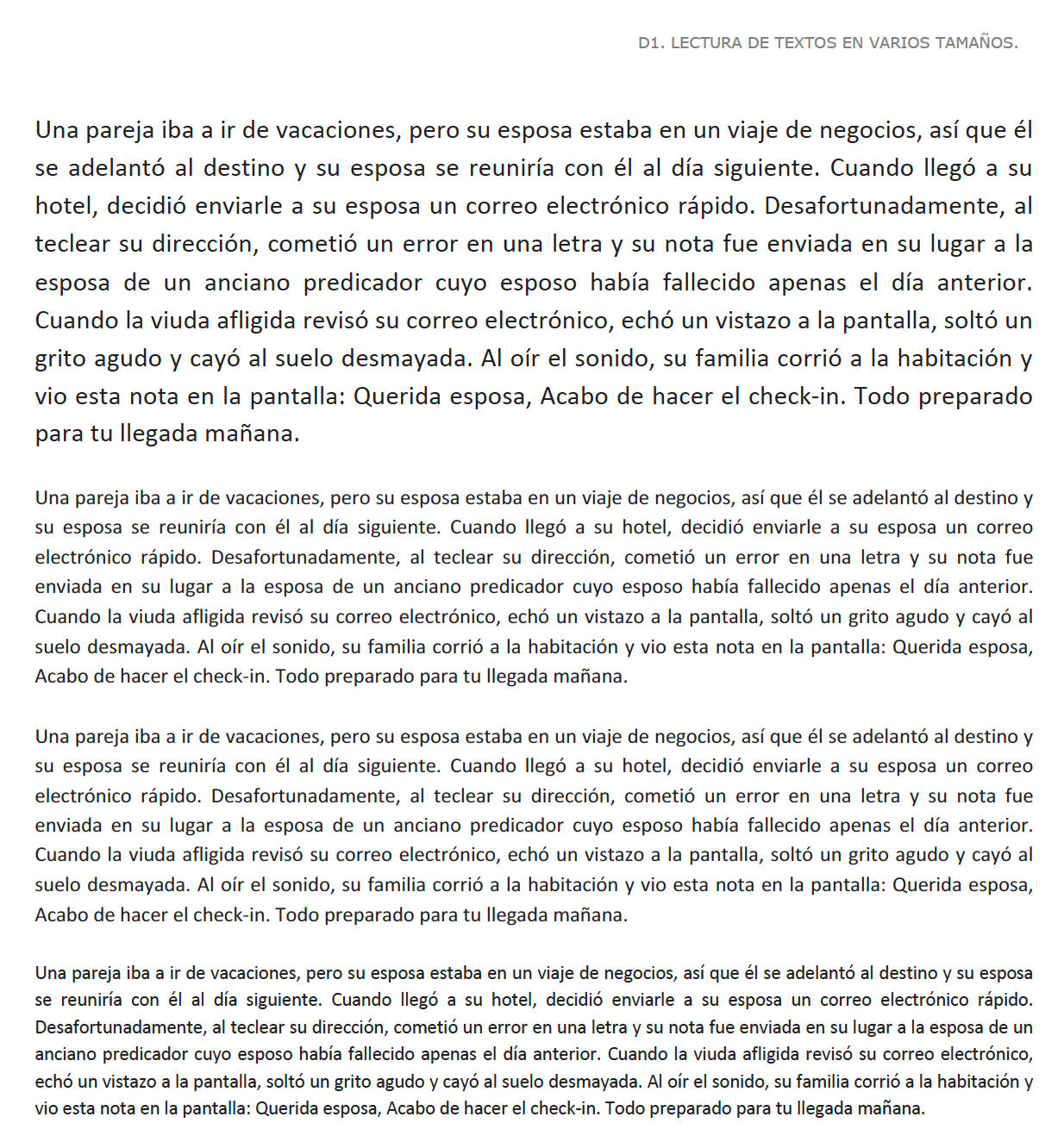 Tabla de lectura con texto en varios tamaños (ejercicio D1)